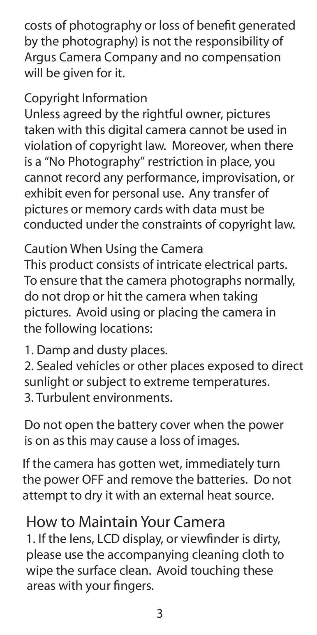 Argus Camera DC-3190 manual How to Maintain Your Camera, Copyright Information, Turbulent environments 