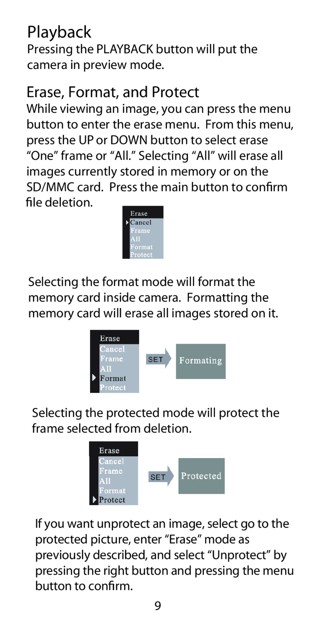 Argus Camera DC-3190 manual Playback, Erase, Format, and Protect 