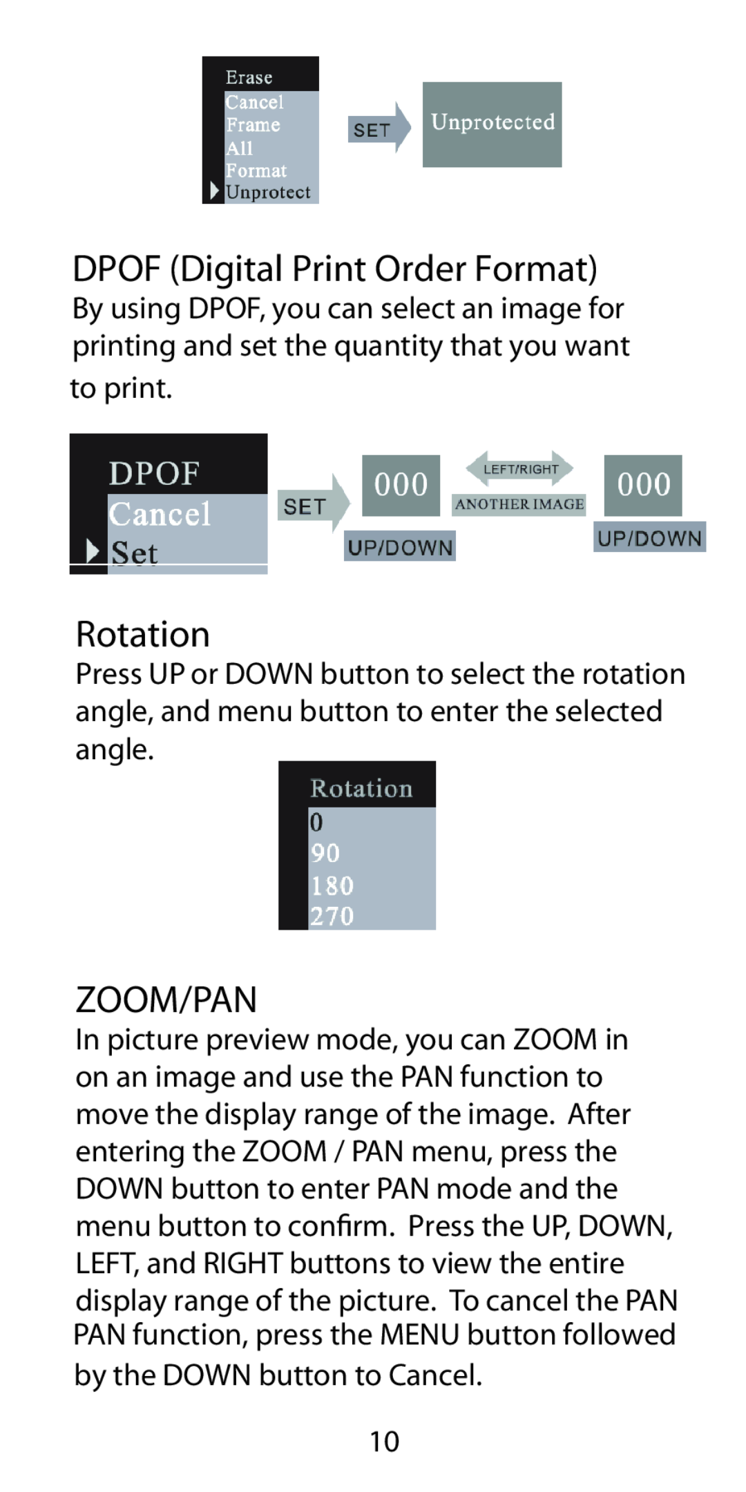 Argus Camera DC-3190 manual DPOF Digital Print Order Format, Rotation, Zoom/Pan 