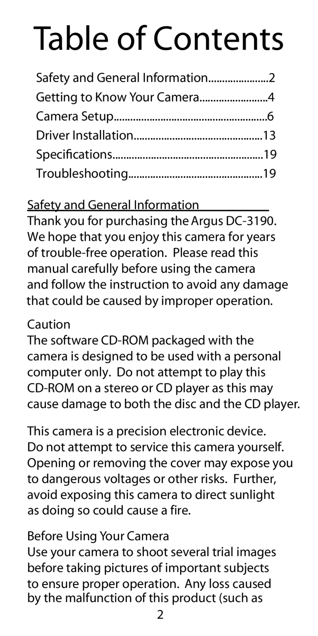 Argus Camera DC-3190 manual Safety and General Information, Before Using Your Camera, Table of Contents 