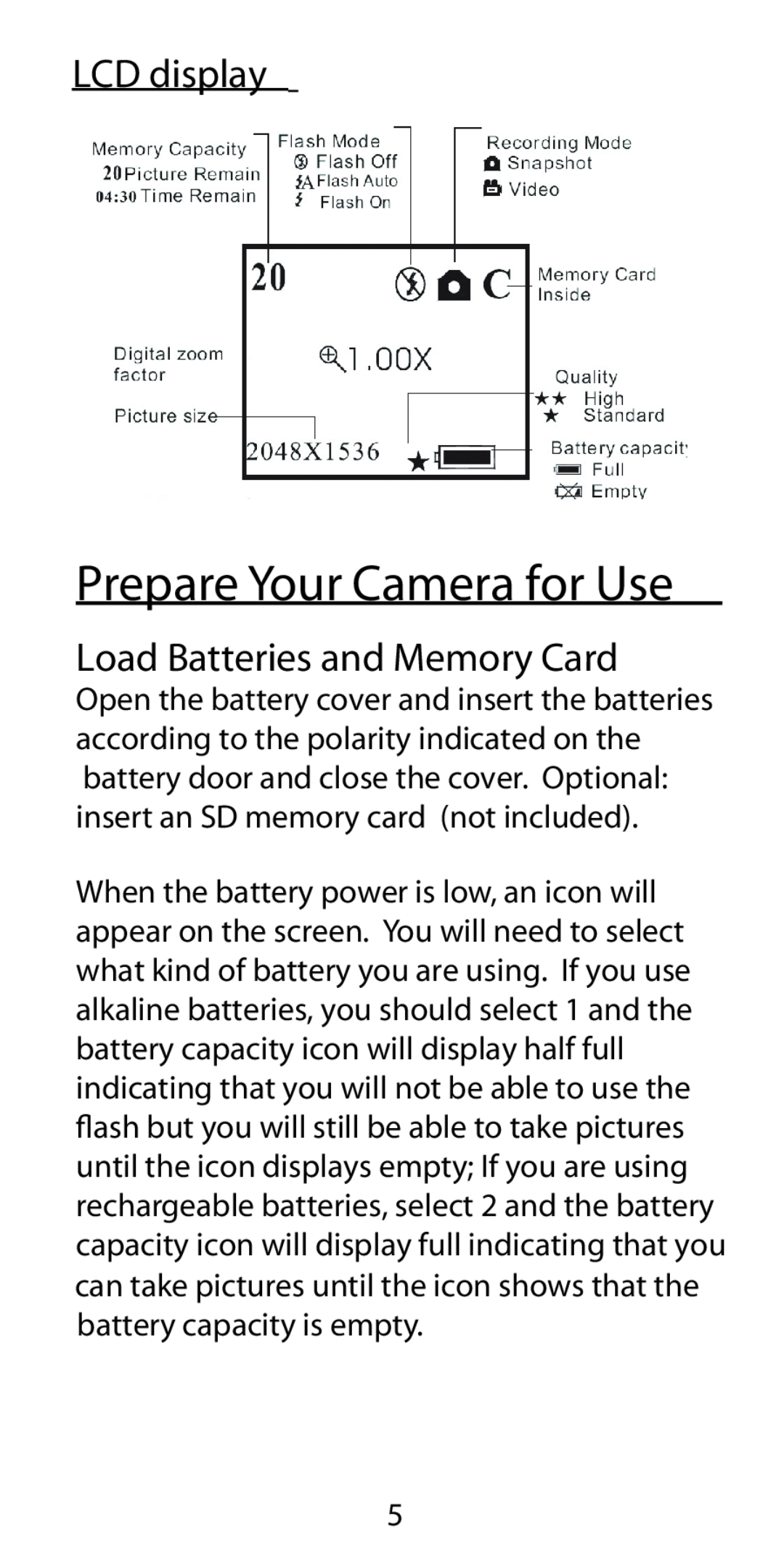 Argus Camera DC-3190 manual Prepare Your Camera for Use, LCD display, Load Batteries and Memory Card 