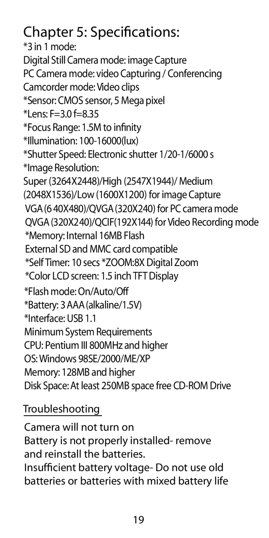 Argus Camera DC-5190 manual mode Digital Still Camera mode image Capture, Troubleshooting Camera will not turn on 