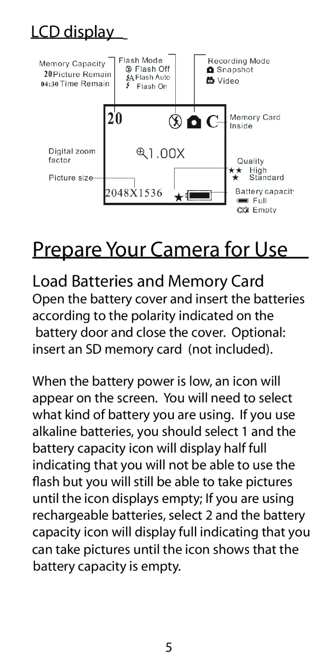 Argus Camera DC-5190 manual LCD display, Load Batteries and Memory Card 