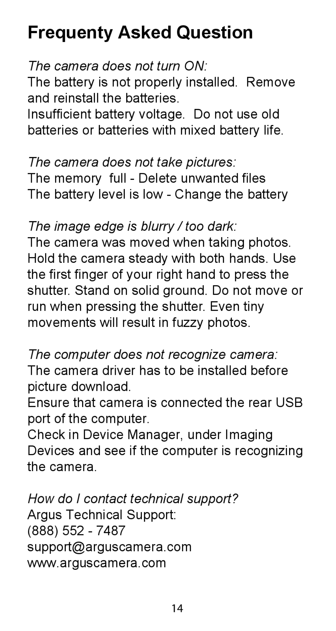 Argus Camera DC-5195 manual Frequenty Asked Question, Camera does not turn on 