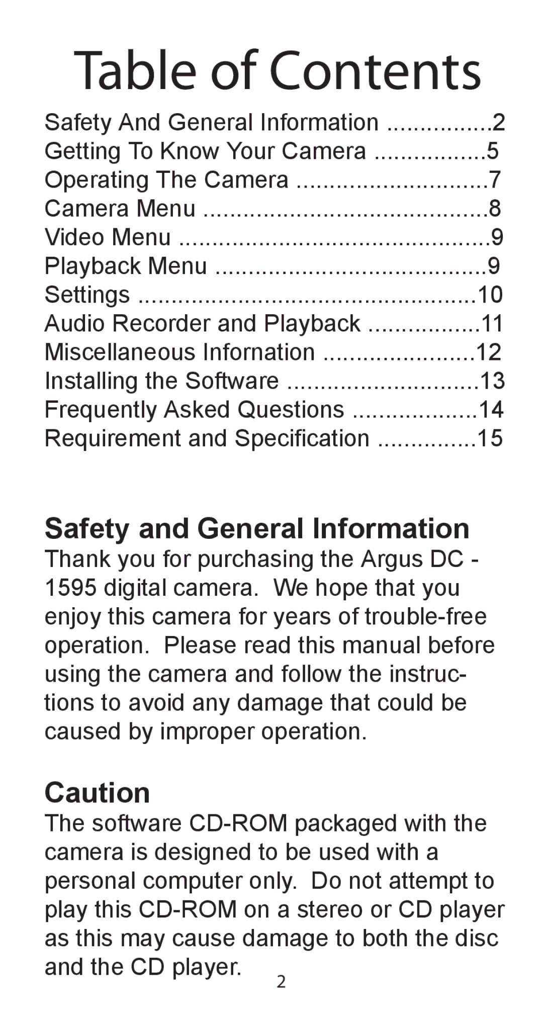 Argus Camera DC-5195 manual Table of Contents 