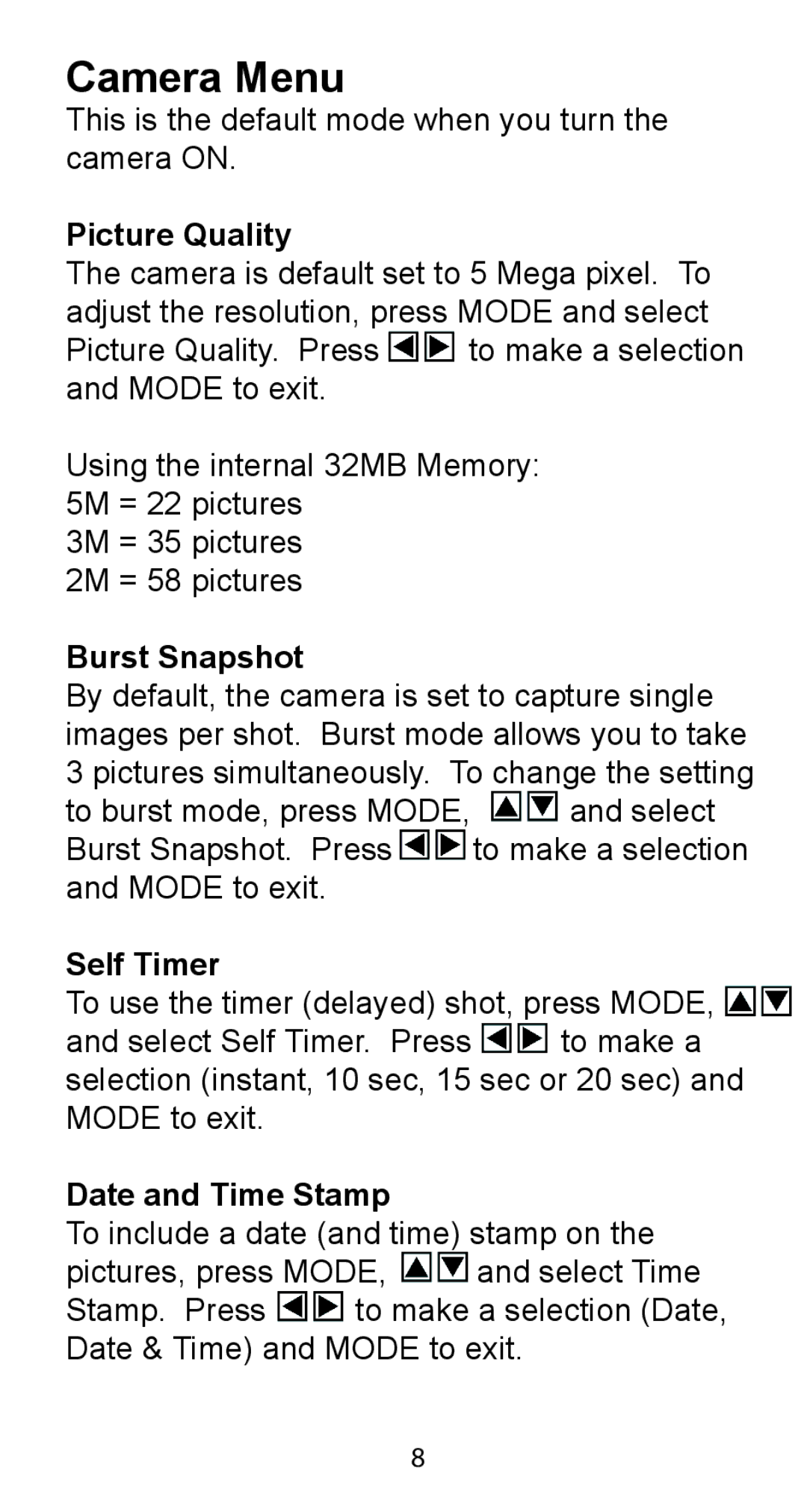 Argus Camera DC-5195 manual Camera Menu, Picture Quality, Burst Snapshot, Self Timer, Date and Time Stamp 