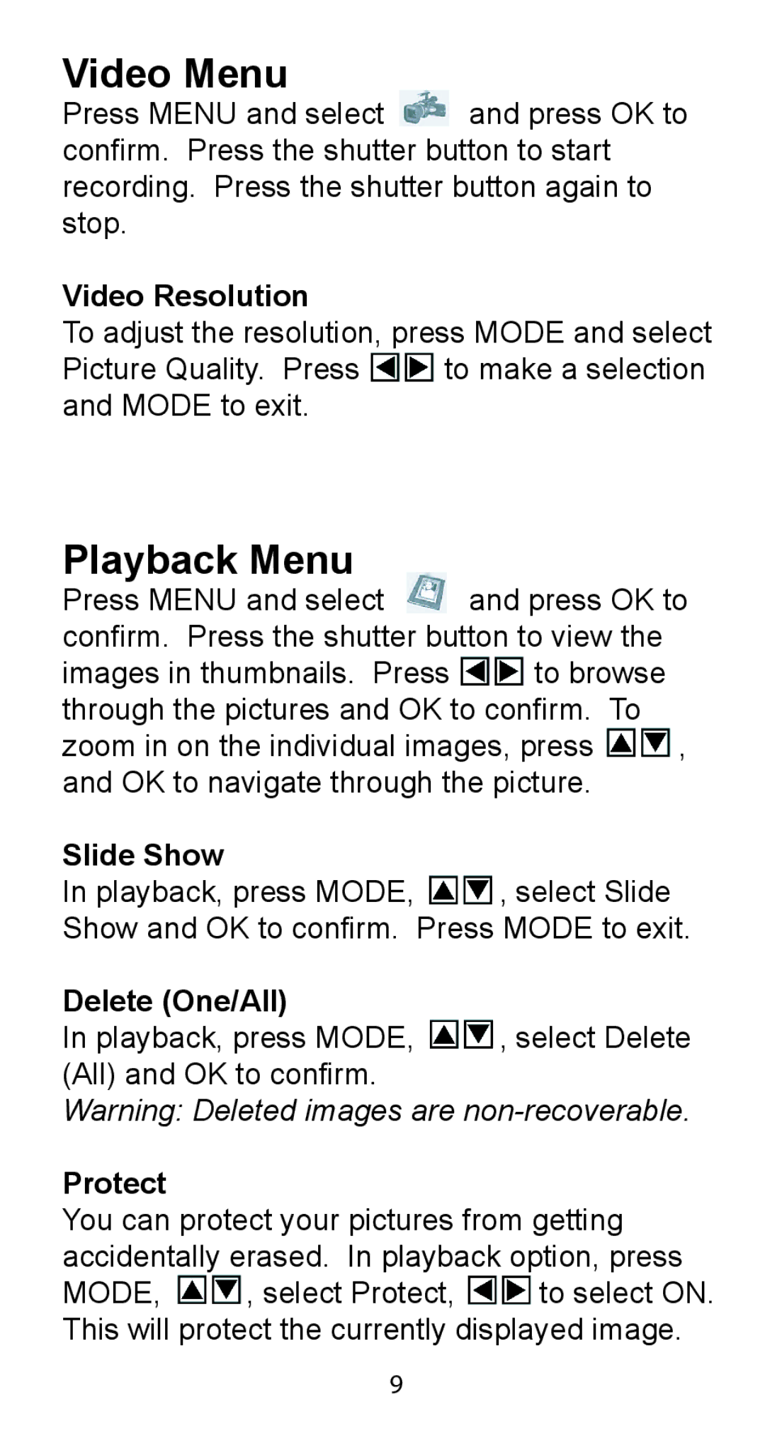 Argus Camera DC-5195 manual Video Menu, Playback Menu 