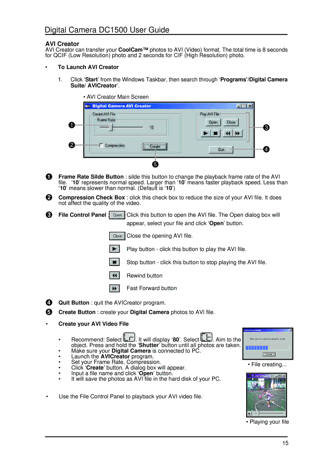 Argus Camera DC1500 manual To Launch AVI Creator, Create your AVI Video File 