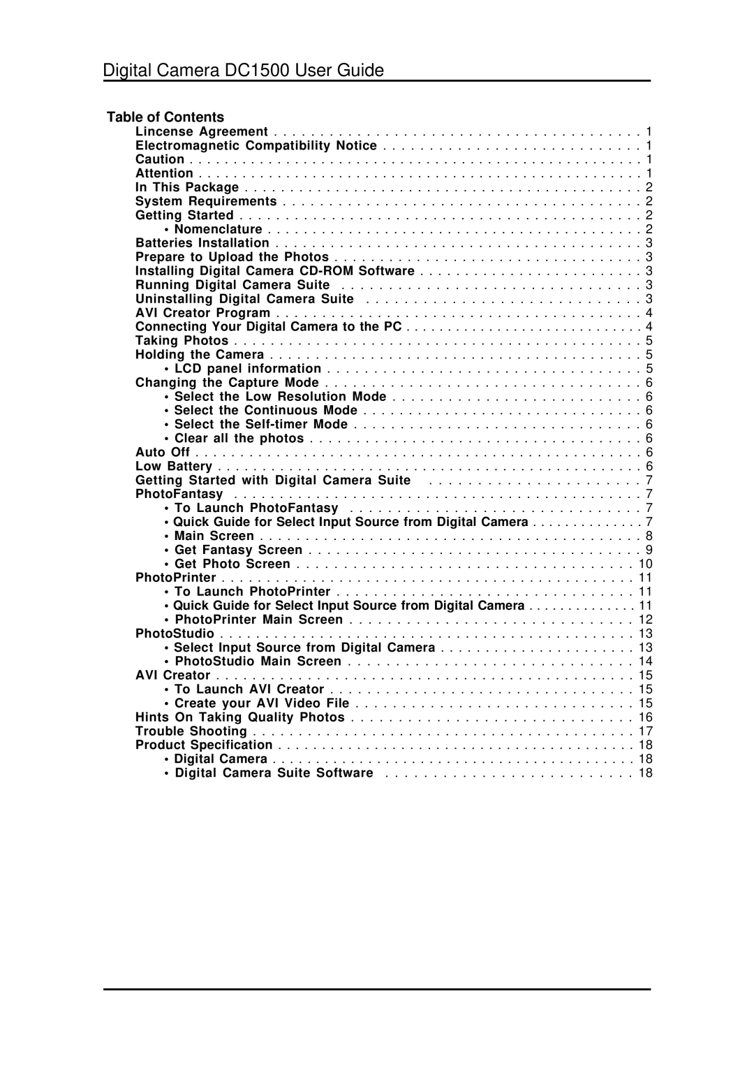 Argus Camera manual Digital Camera DC1500 User Guide, Table of Contents 