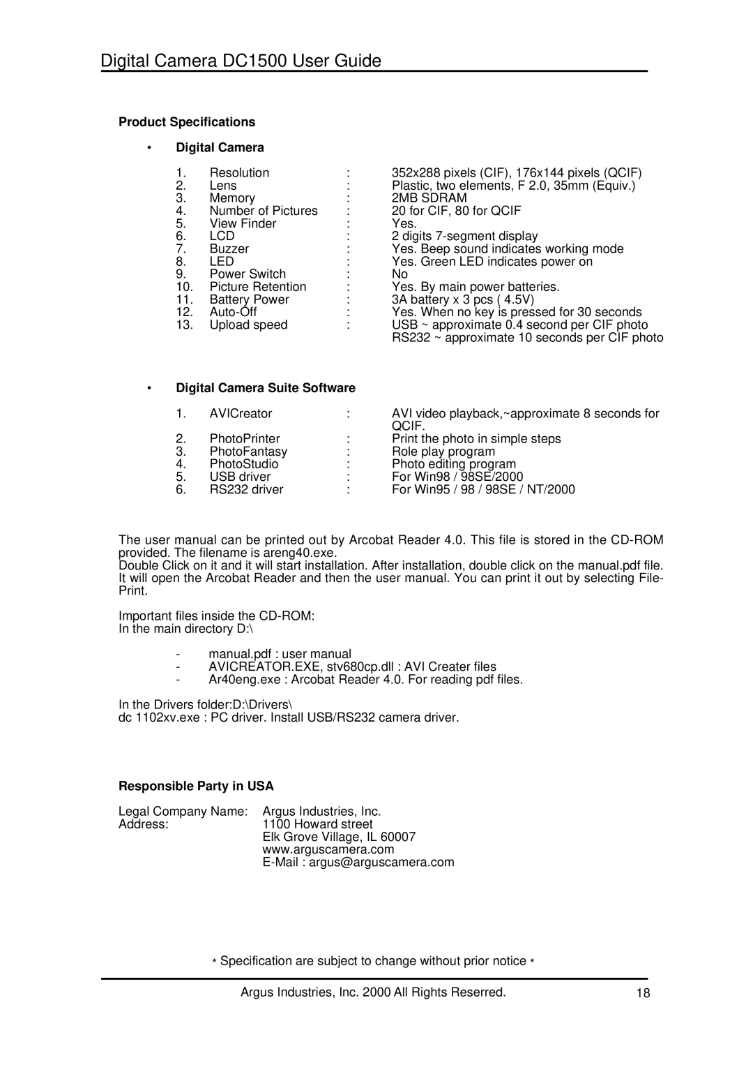 Argus Camera DC1500 manual Product Specifications Digital Camera, Digital Camera Suite Software, Responsible Party in USA 