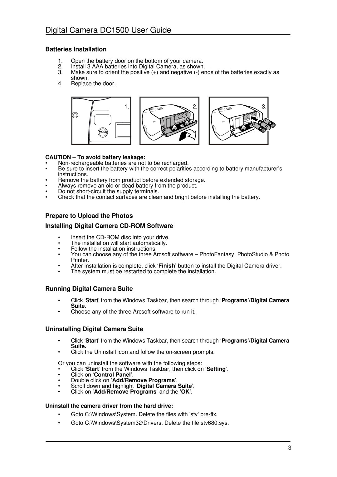 Argus Camera DC1500 manual Batteries Installation, Running Digital Camera Suite, Uninstalling Digital Camera Suite 