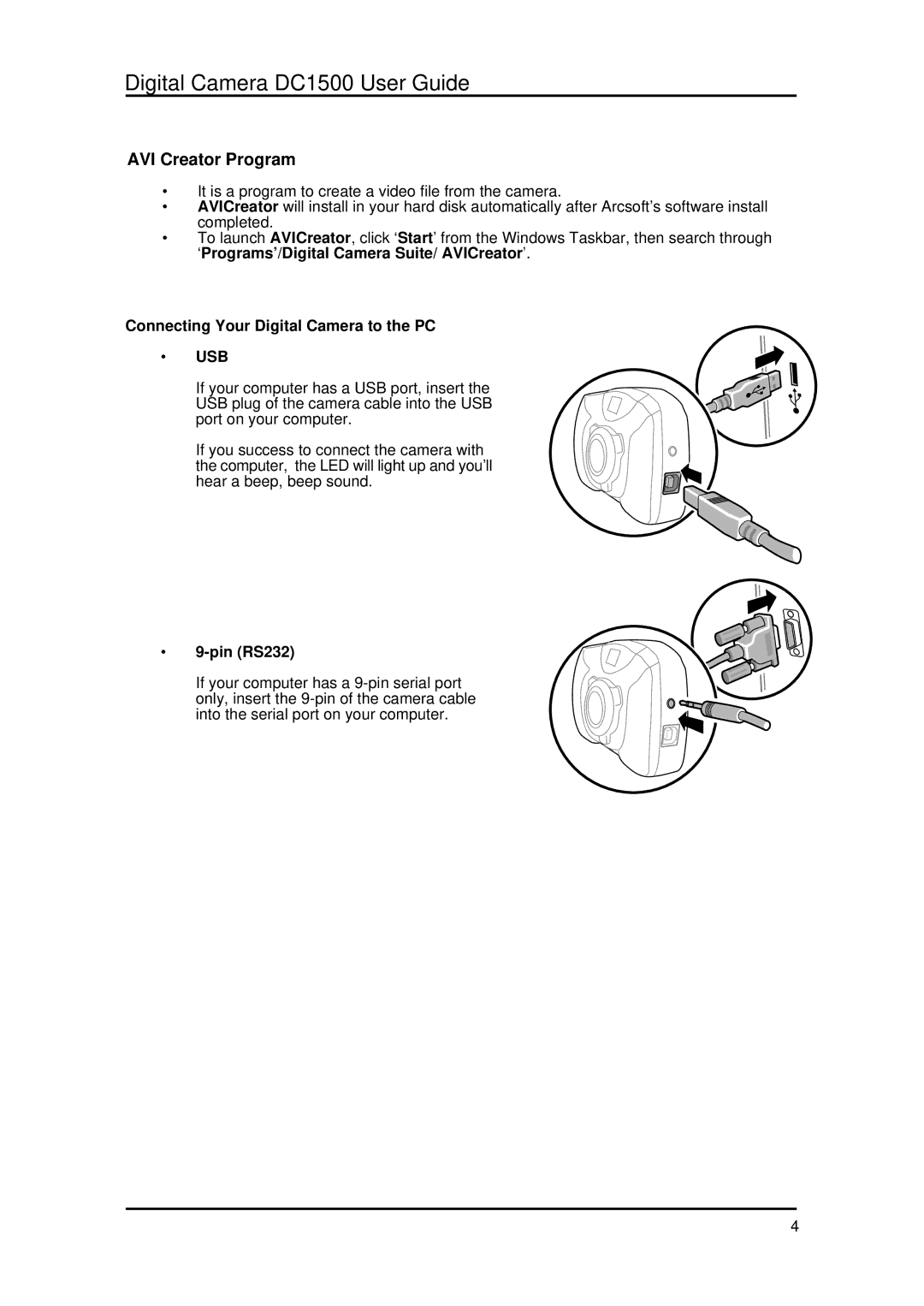 Argus Camera DC1500 manual AVI Creator Program, Connecting Your Digital Camera to the PC, Pin RS232 