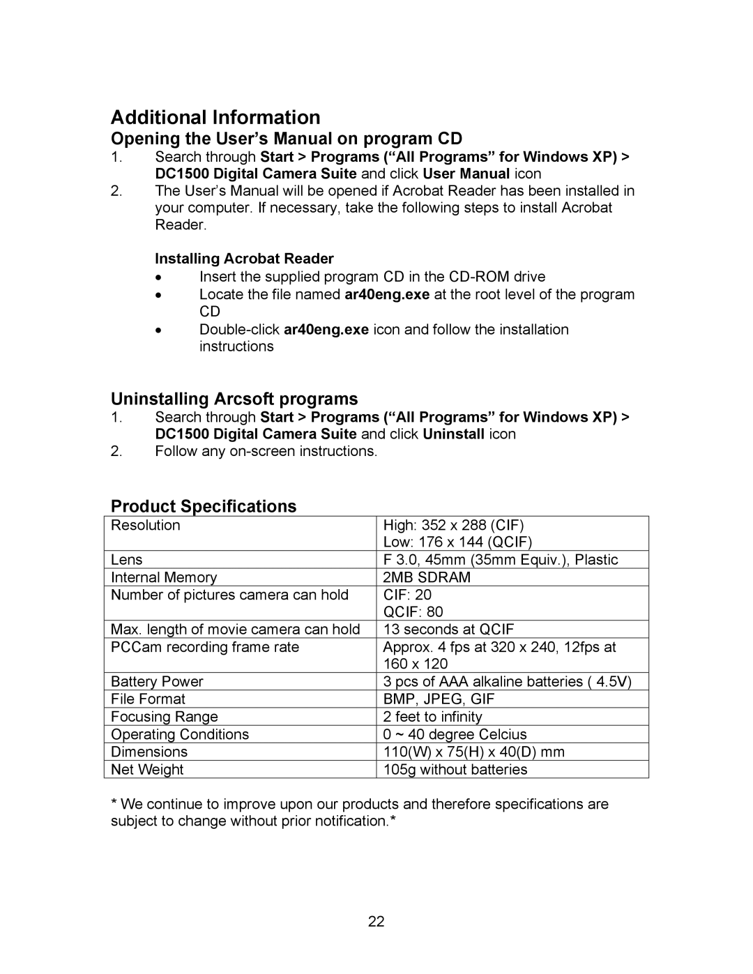 Argus Camera DC1500N manual Additional Information, Opening the User’s Manual on program CD, Uninstalling Arcsoft programs 