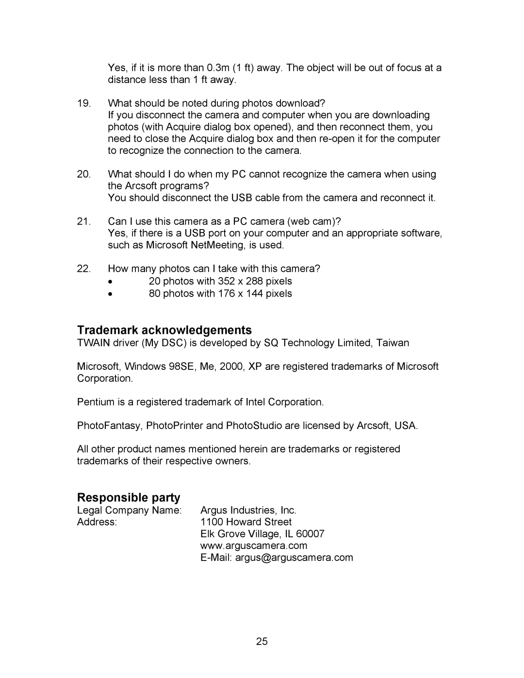 Argus Camera DC1500N manual Trademark acknowledgements, Responsible party 