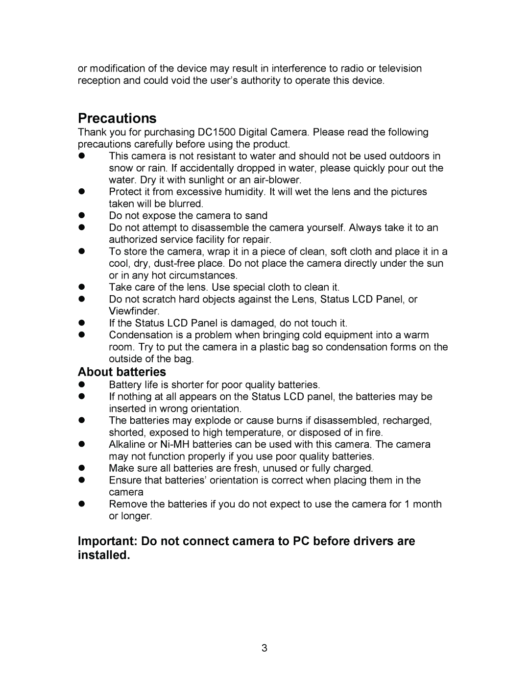 Argus Camera DC1500N manual Precautions, About batteries 