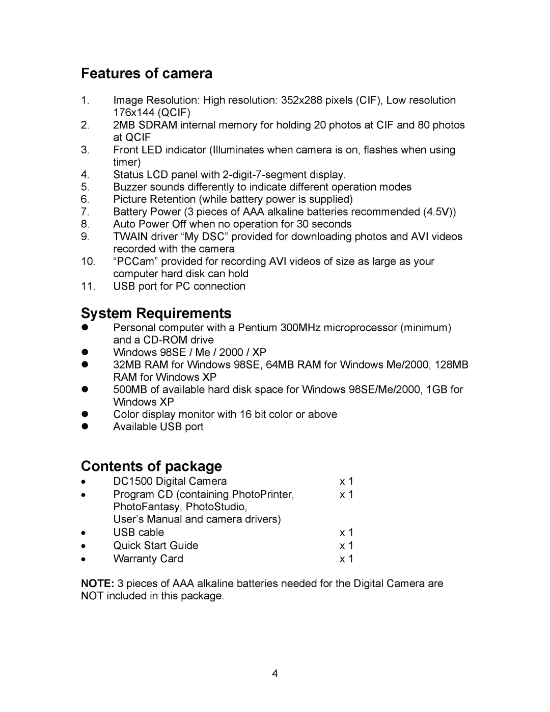 Argus Camera DC1500N manual Features of camera, System Requirements, Contents of package 