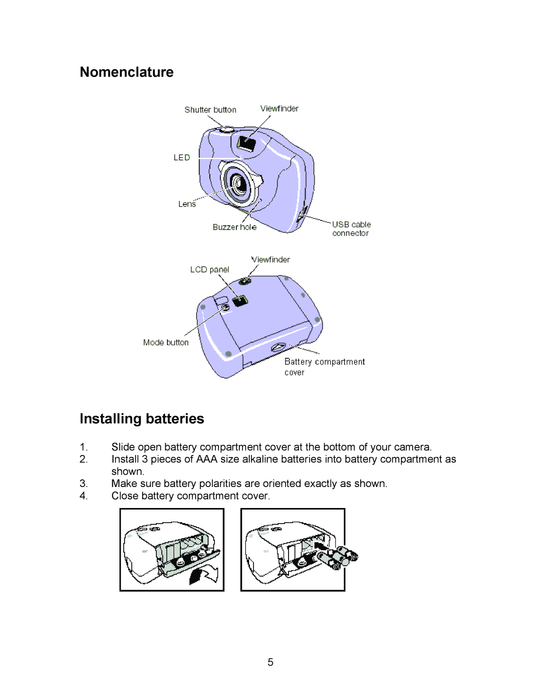 Argus Camera DC1500N manual Nomenclature Installing batteries 