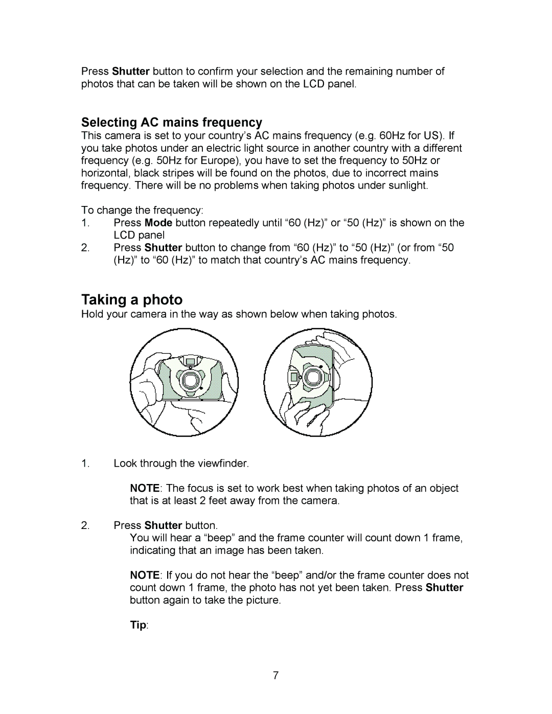 Argus Camera DC1500N manual Taking a photo, Selecting AC mains frequency, Tip 