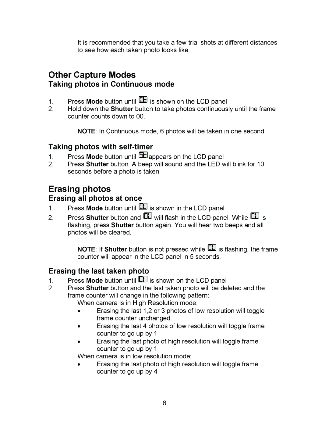 Argus Camera DC1500N manual Other Capture Modes, Erasing photos 