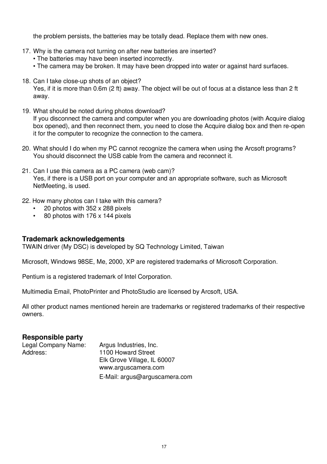 Argus Camera DC1510 manual Trademark acknowledgements, Responsible party 