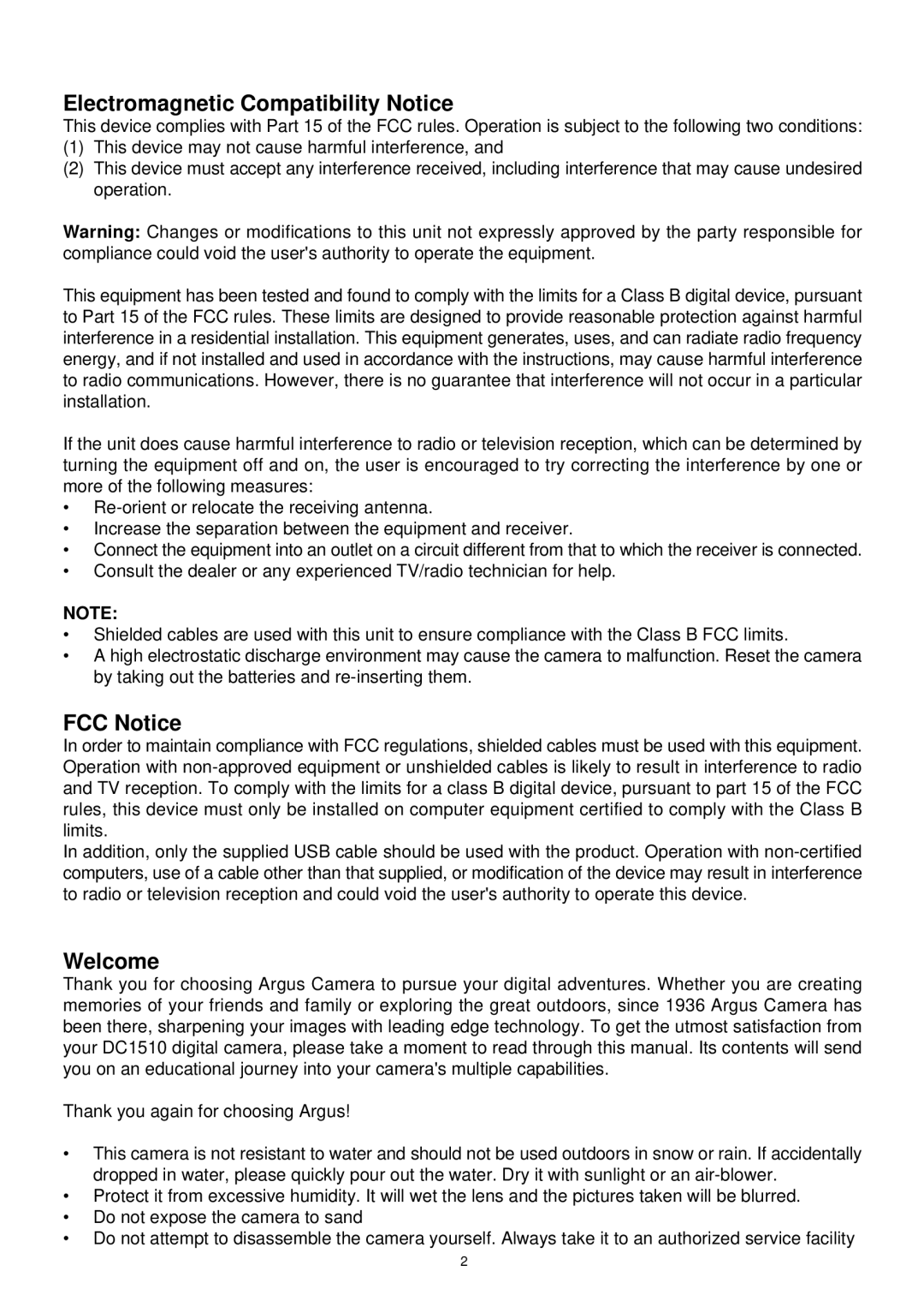 Argus Camera DC1510 manual Electromagnetic Compatibility Notice, FCC Notice, Welcome 