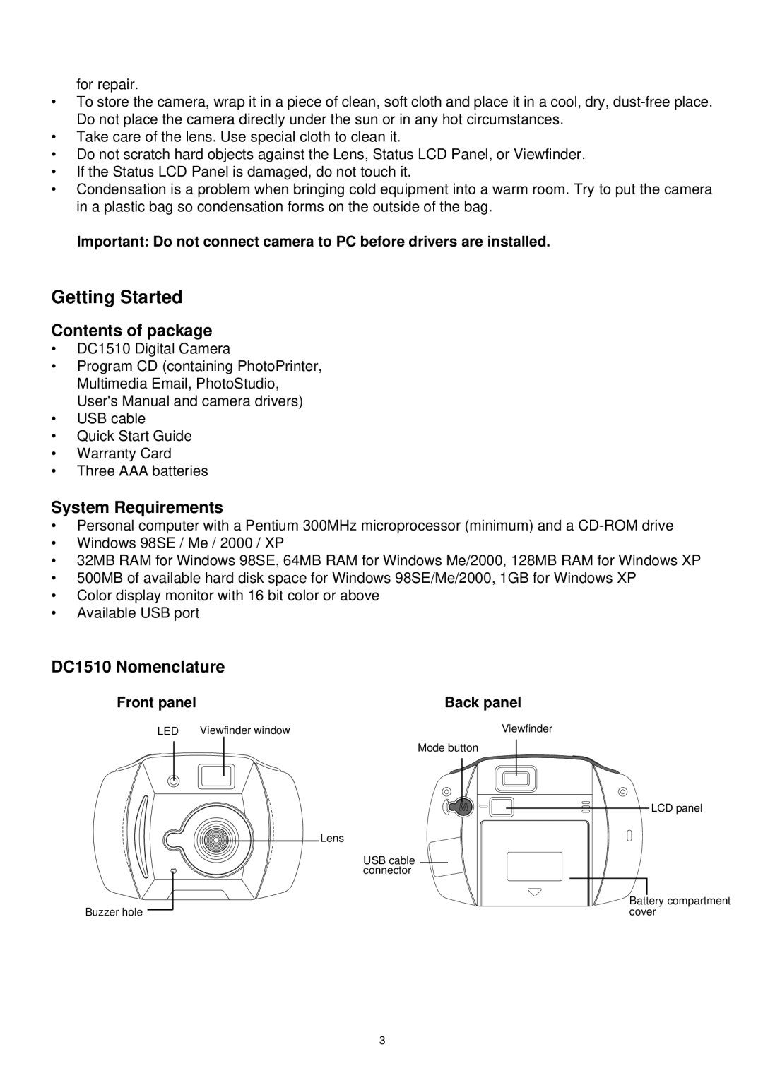 Argus Camera Getting Started, Contents of package, System Requirements, DC1510 Nomenclature, Front panel Back panel 