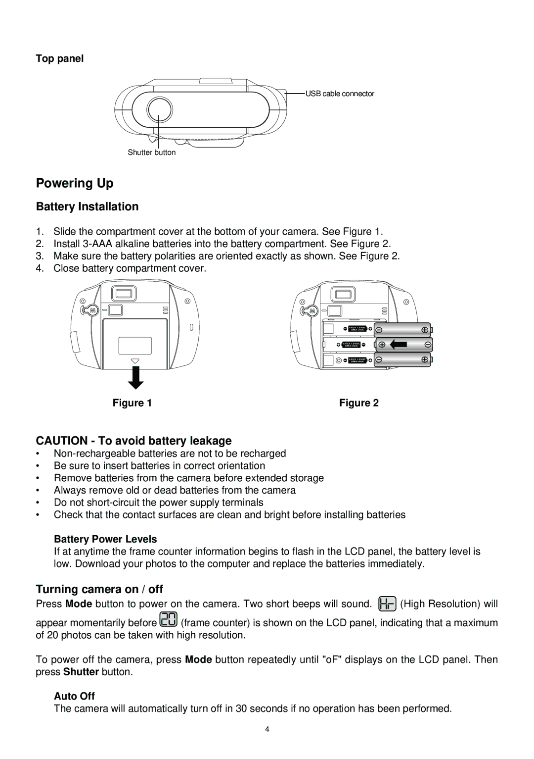 Argus Camera DC1510 manual Powering Up, Battery Installation, Turning camera on / off 