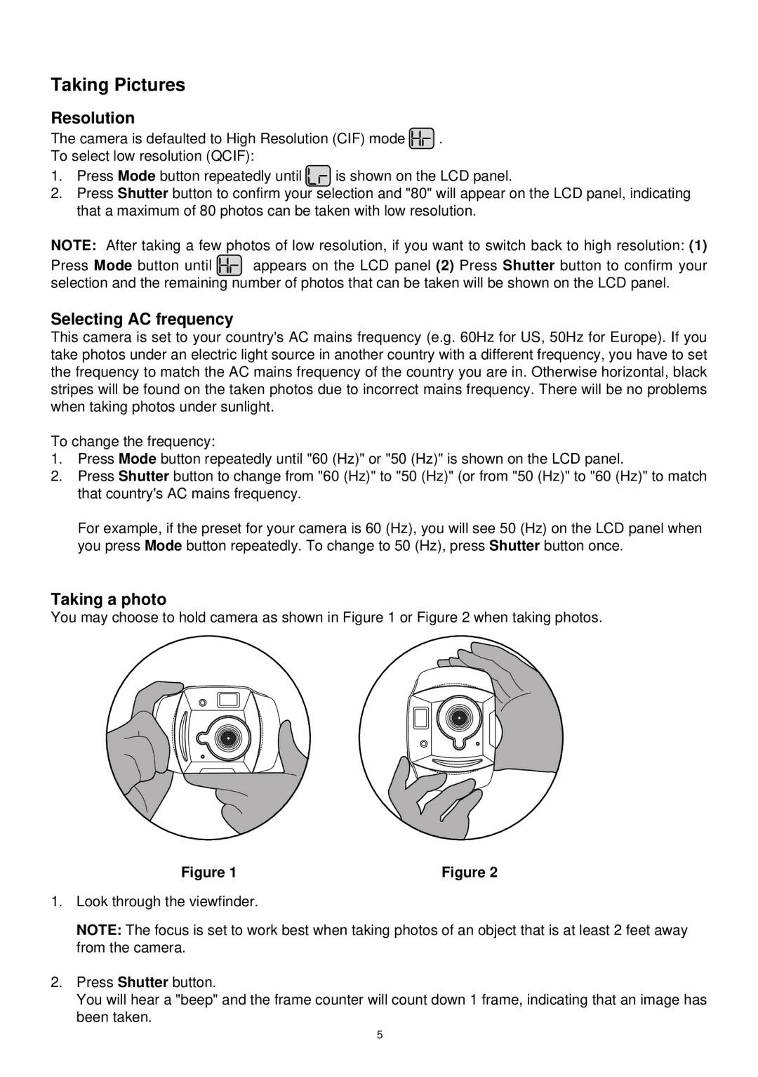 Argus Camera DC1510 manual Taking Pictures, Resolution, Selecting AC frequency, Taking a photo 