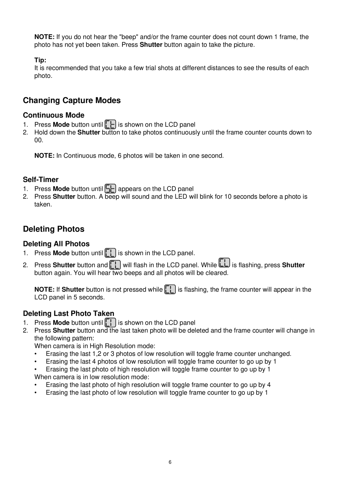 Argus Camera DC1510 manual Changing Capture Modes, Deleting Photos 