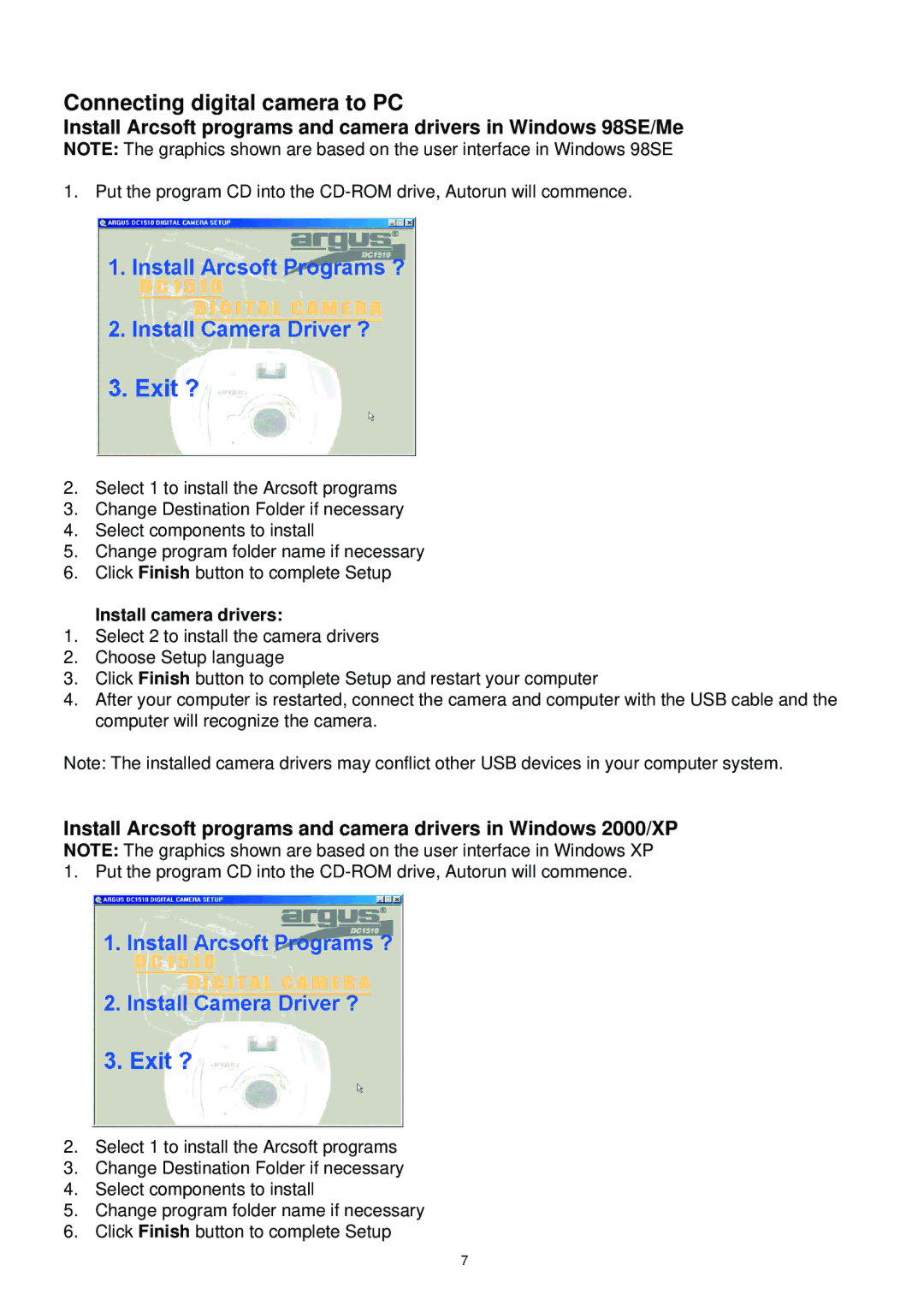 Argus Camera DC1510 manual Connecting digital camera to PC, Install camera drivers 