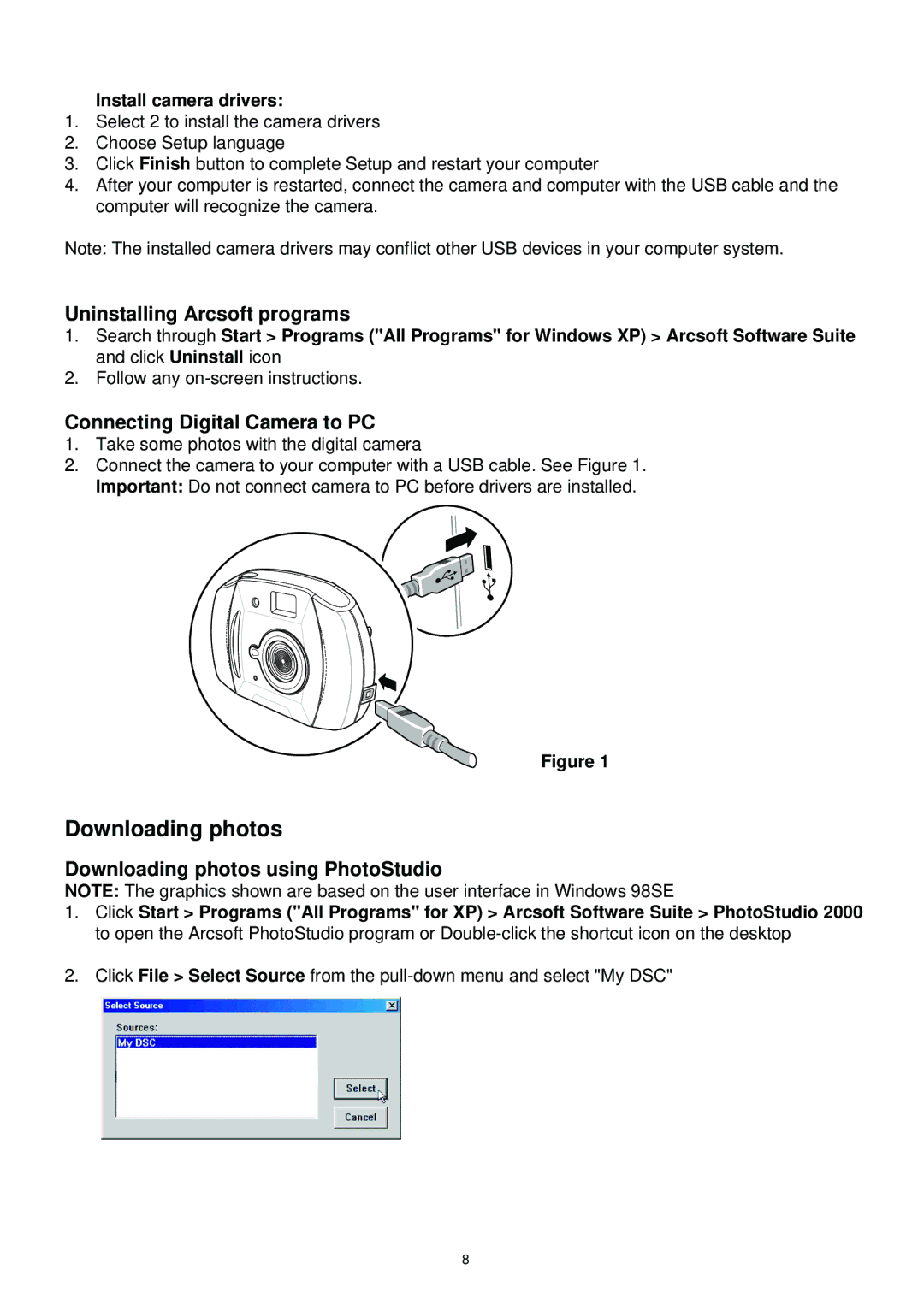 Argus Camera DC1510 manual Downloading photos, Uninstalling Arcsoft programs, Connecting Digital Camera to PC 