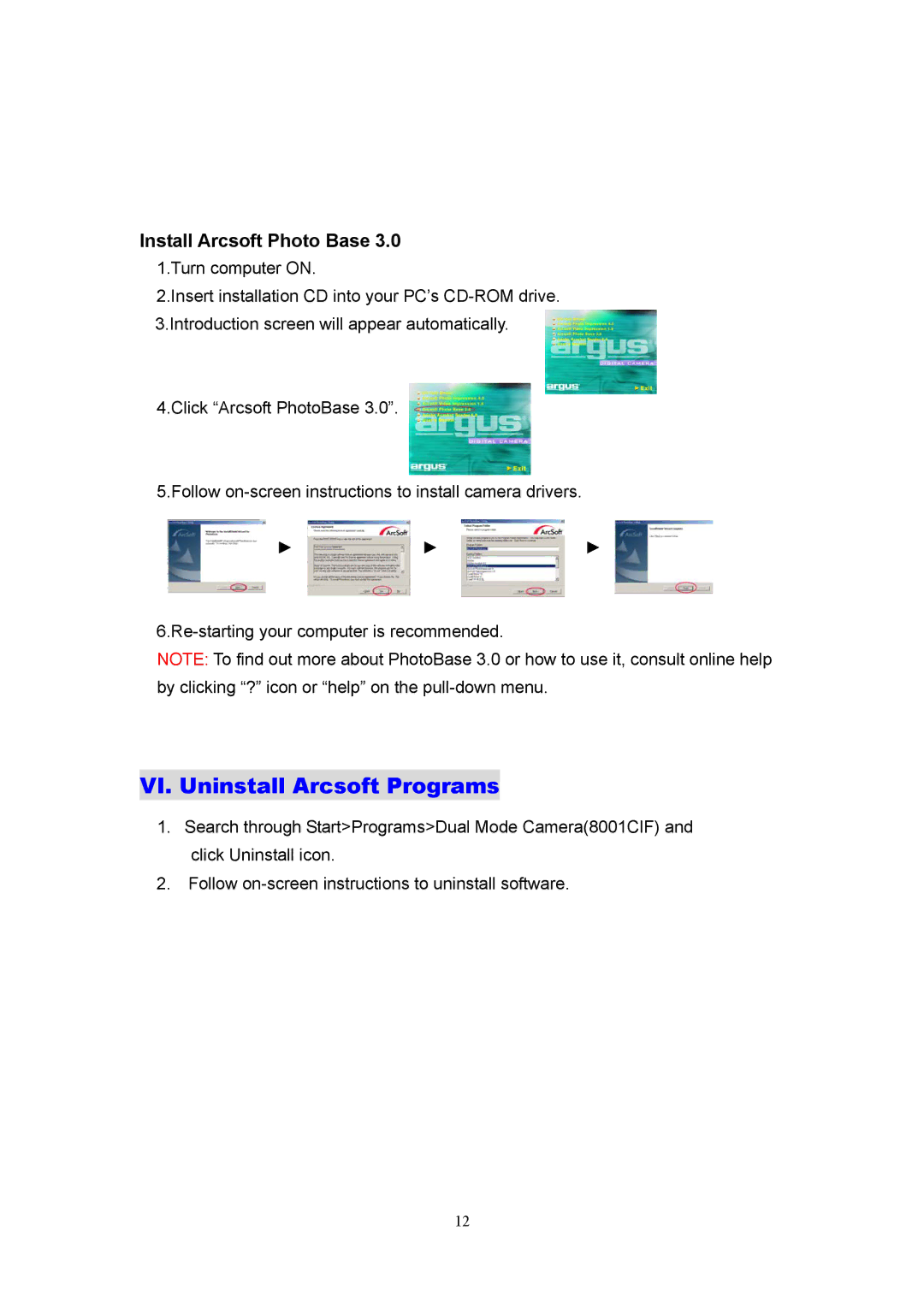Argus Camera DC1540 manual VI. Uninstall Arcsoft Programs, Install Arcsoft Photo Base 
