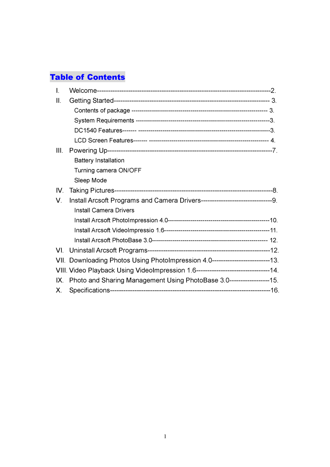 Argus Camera DC1540 manual Table of Contents 