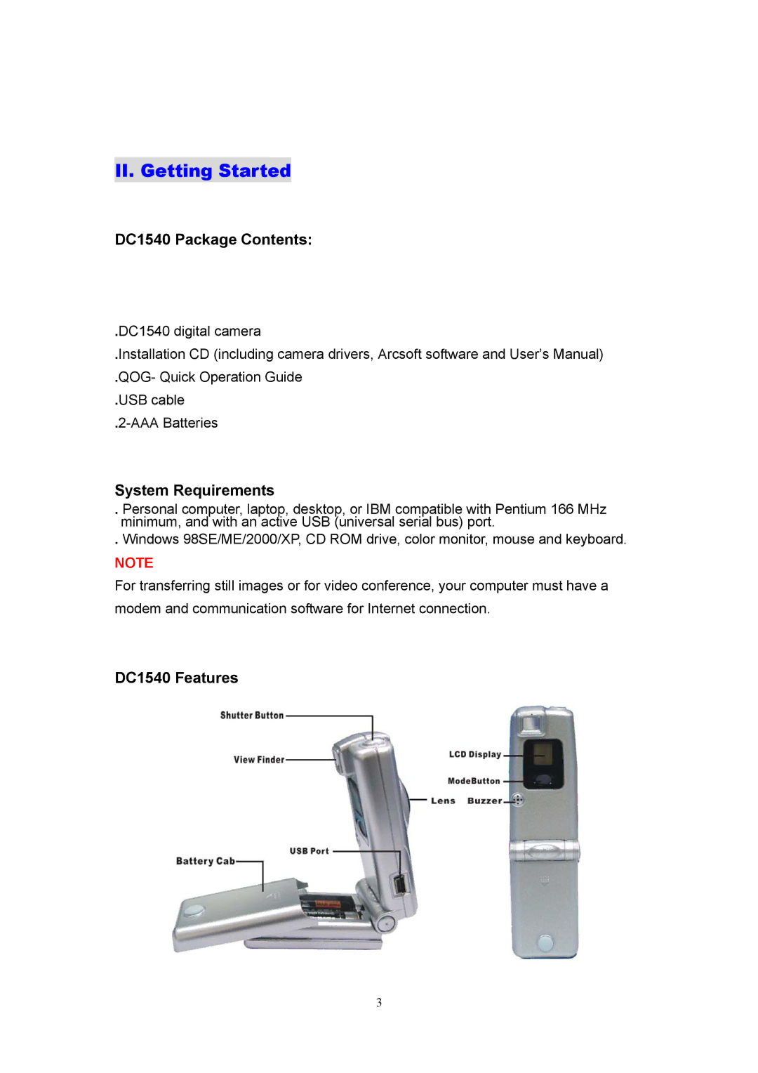 Argus Camera manual II. Getting Started, DC1540 Package Contents, System Requirements, DC1540 Features 