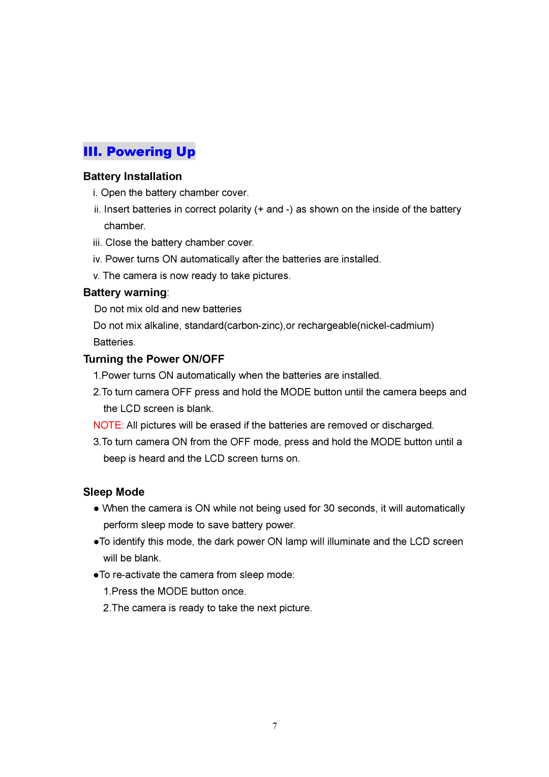 Argus Camera DC1540 manual III. Powering Up, Battery Installation, Battery warning, Turning the Power ON/OFF, Sleep Mode 