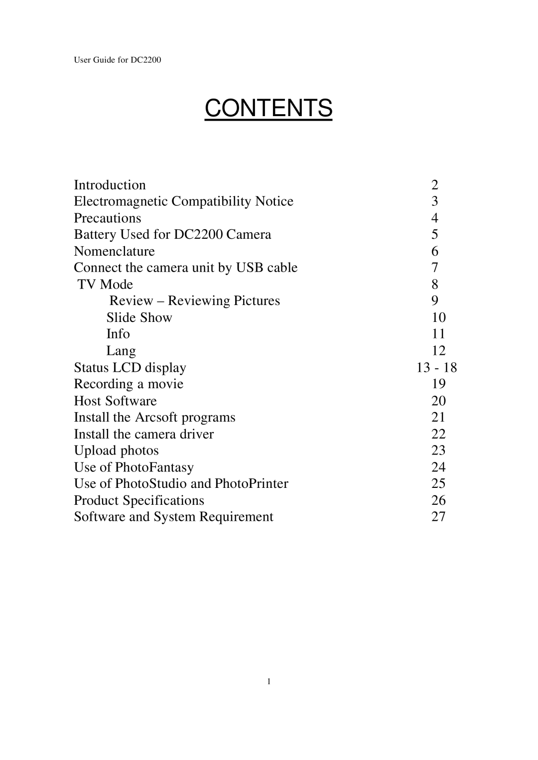 Argus Camera DC2200 manual Contents 