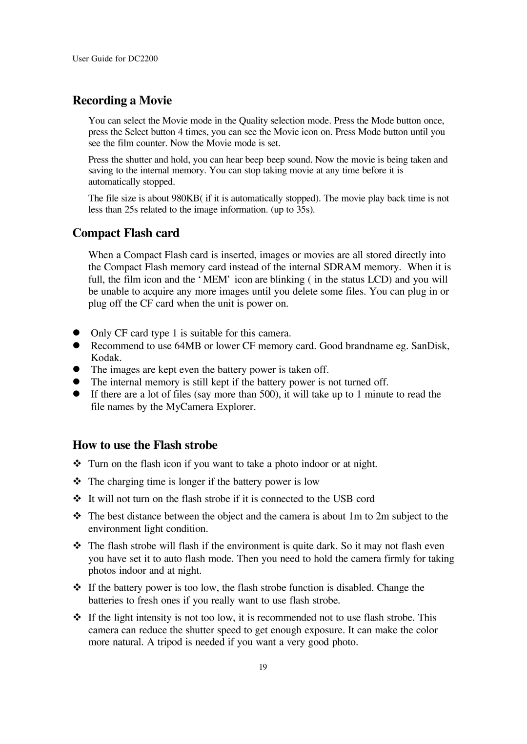 Argus Camera DC2200 manual Recording a Movie, Compact Flash card, How to use the Flash strobe 