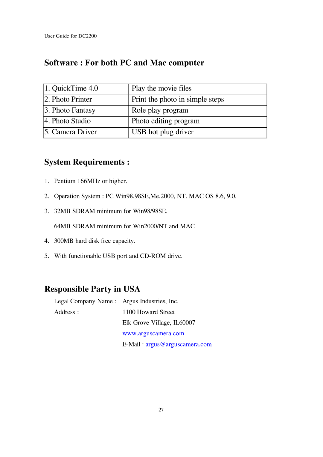 Argus Camera DC2200 manual Software For both PC and Mac computer, System Requirements, Responsible Party in USA 