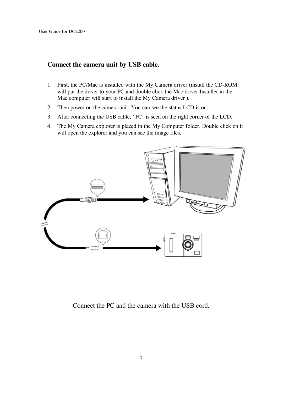 Argus Camera DC2200 manual Connect the camera unit by USB cable, Connect the PC and the camera with the USB cord 