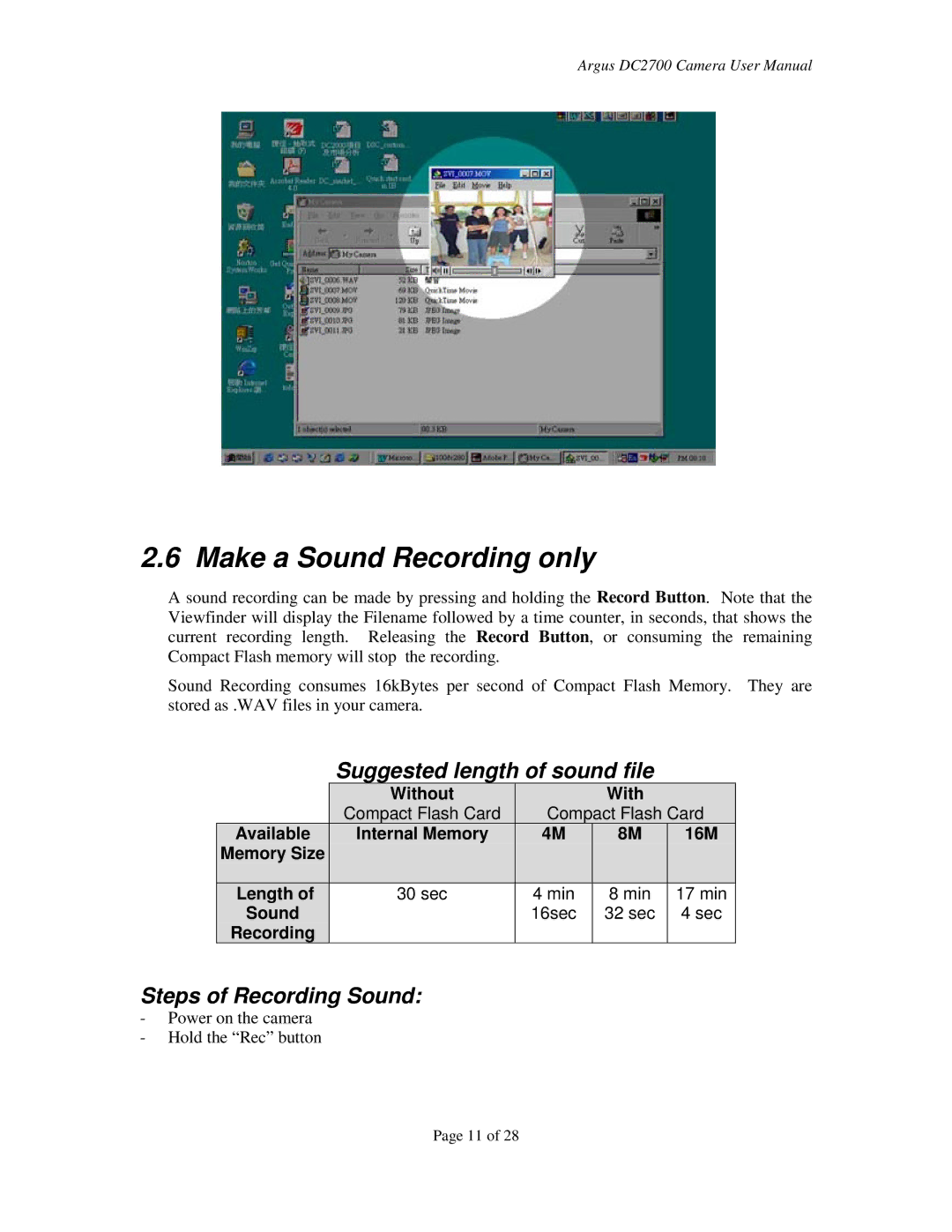 Argus Camera DC2700 manual Make a Sound Recording only, Suggested length of sound file, Steps of Recording Sound 