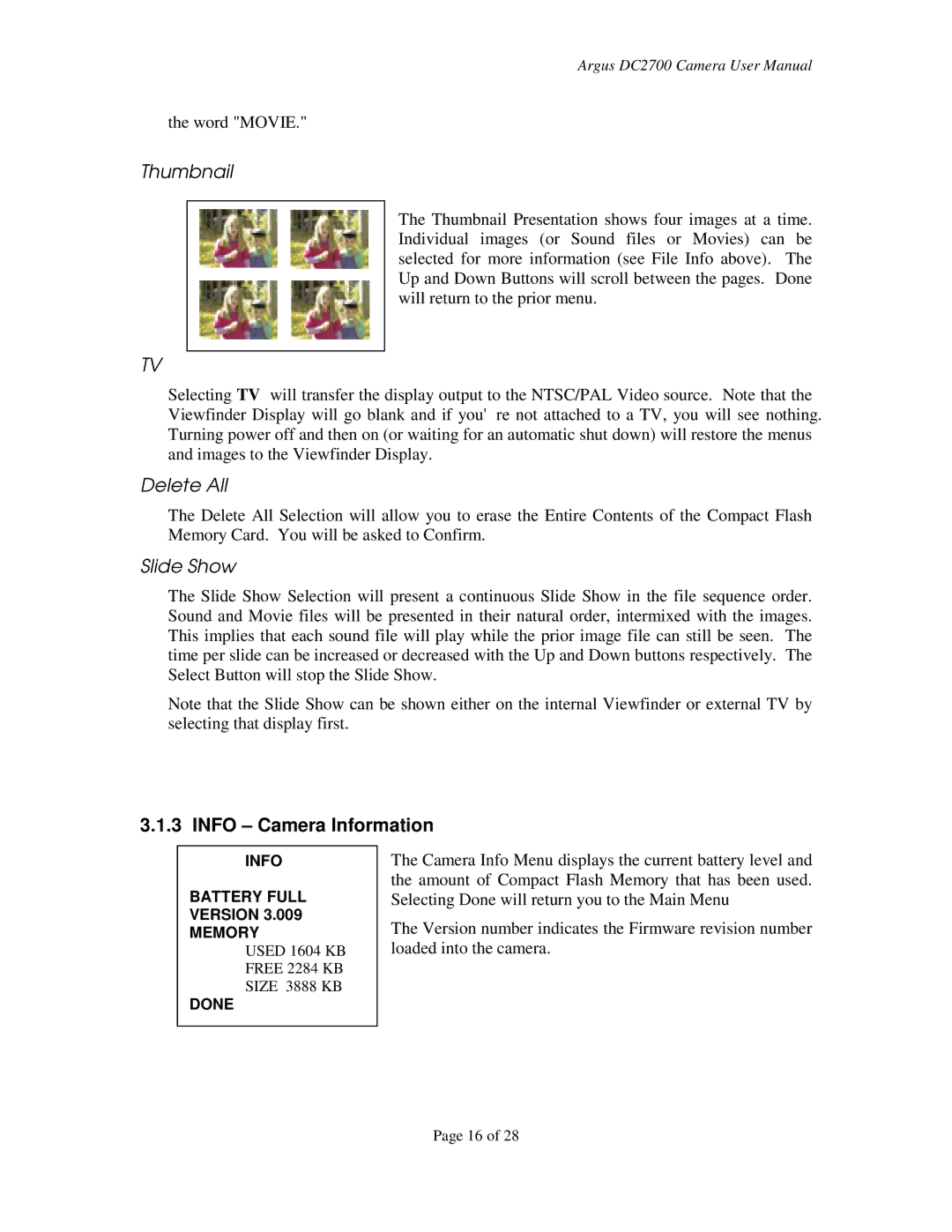 Argus Camera DC2700 manual Thumbnail, Info Camera Information 