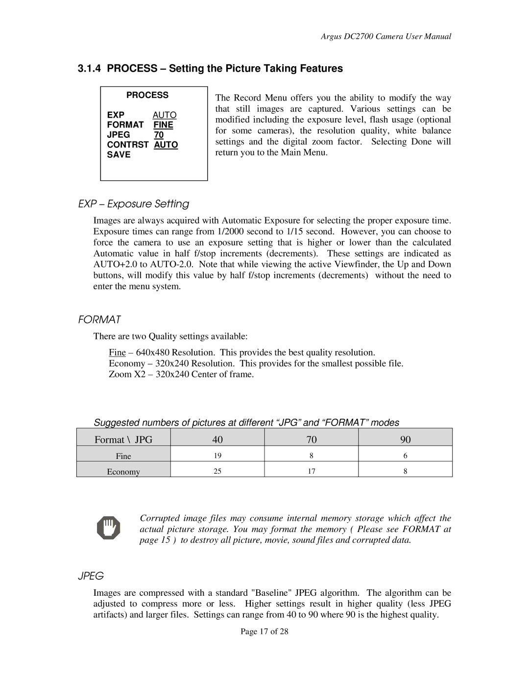 Argus Camera DC2700 manual Process Setting the Picture Taking Features, EXP Exposure Setting 