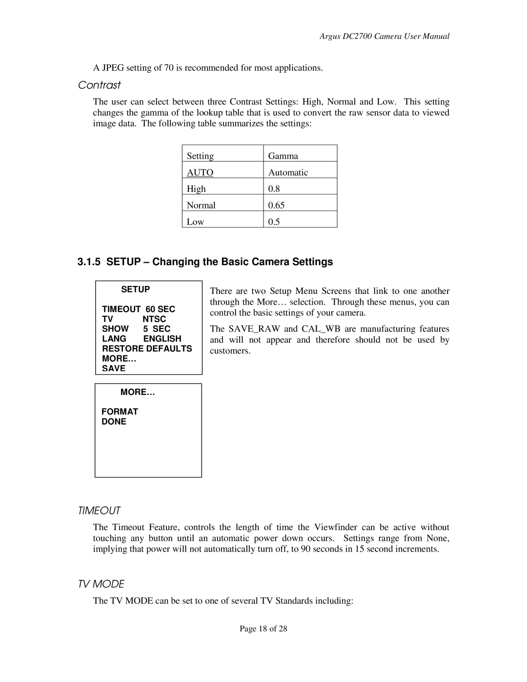 Argus Camera DC2700 manual Contrast, Setup Changing the Basic Camera Settings 