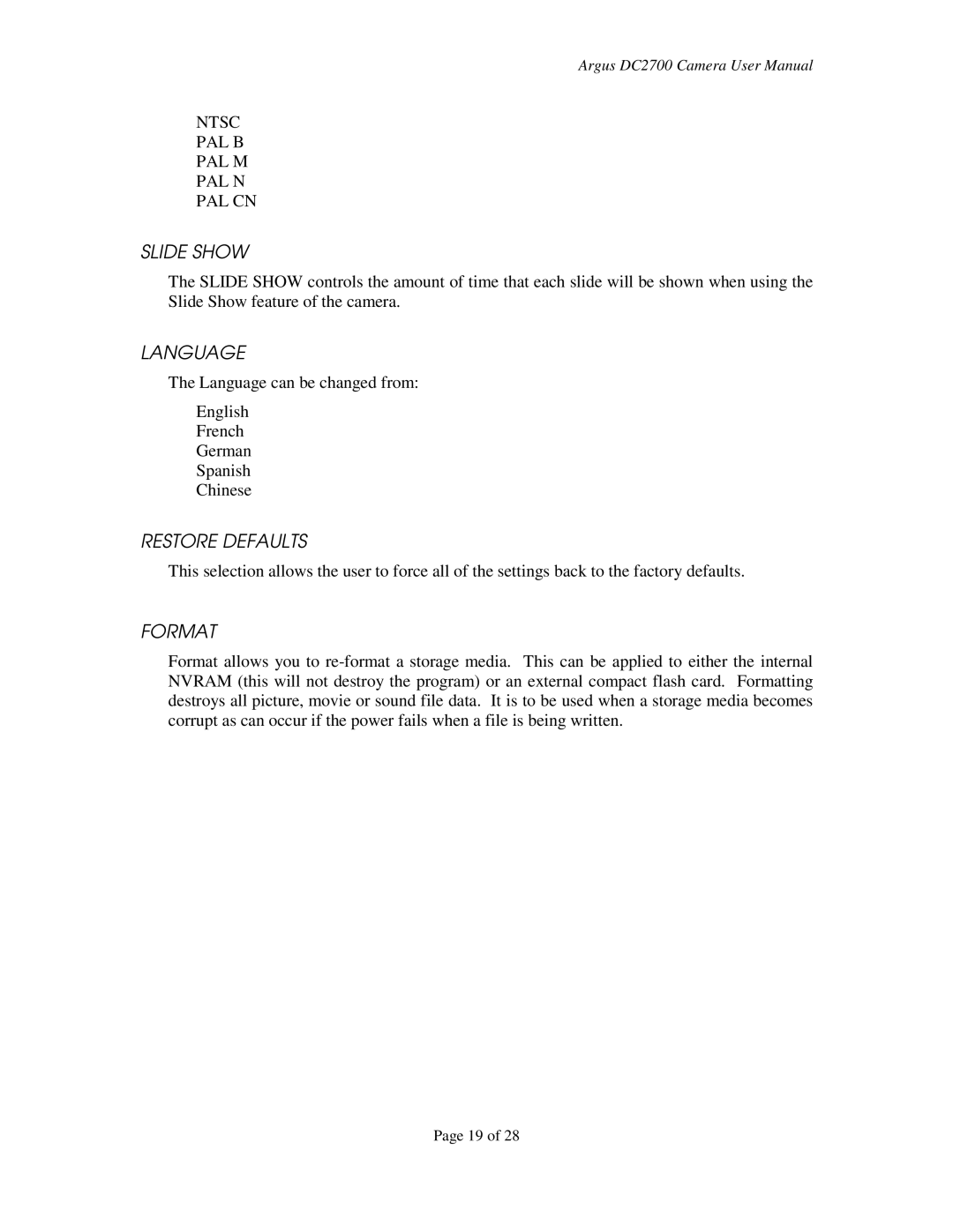 Argus Camera DC2700 manual Language 