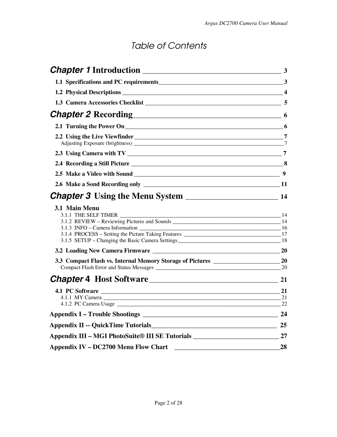 Argus Camera DC2700 manual Table of Contents 