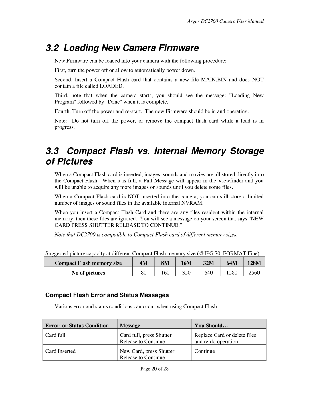 Argus Camera DC2700 manual Loading New Camera Firmware, Compact Flash vs. Internal Memory Storage of Pictures 