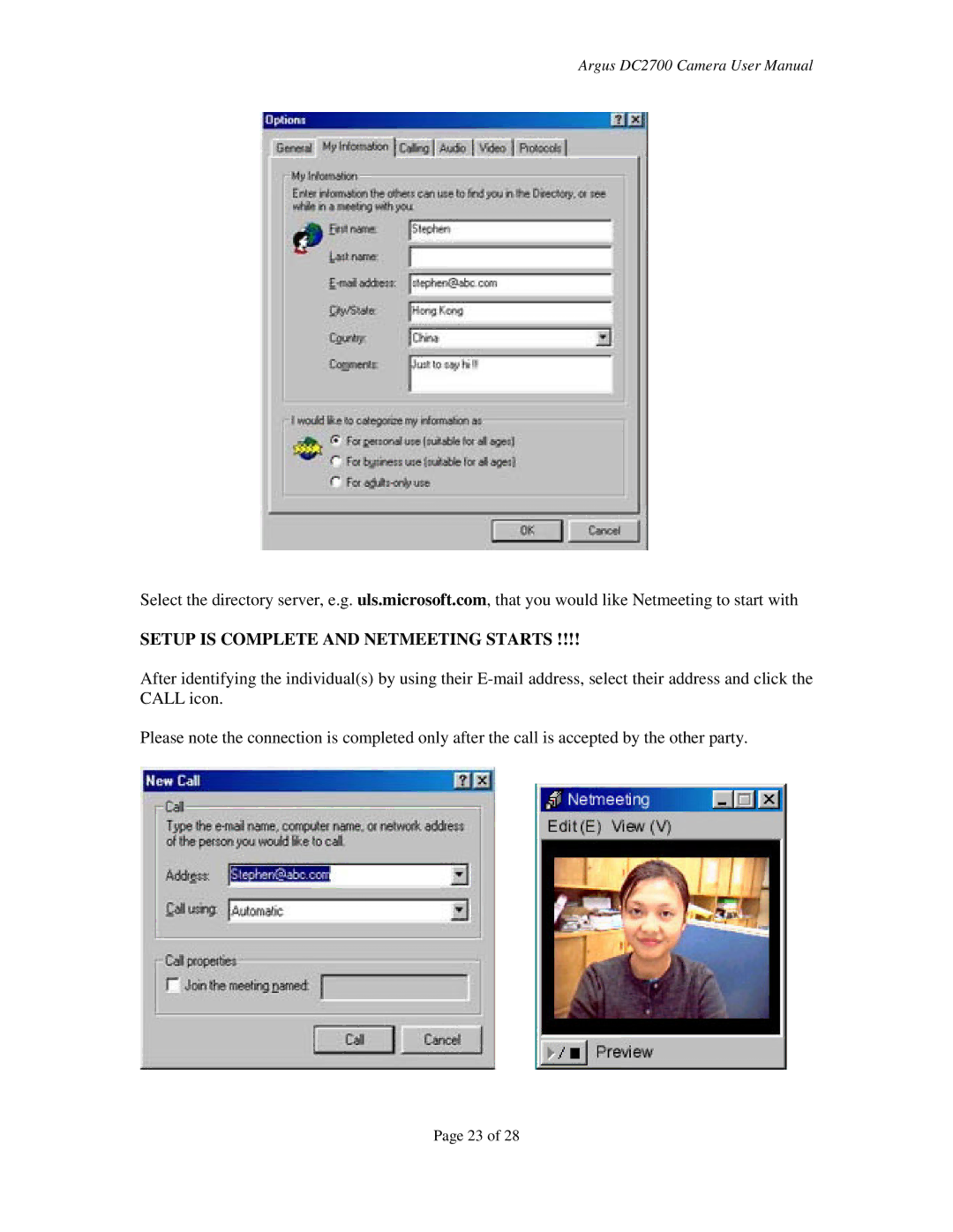 Argus Camera DC2700 manual Setup is Complete and Netmeeting Starts 