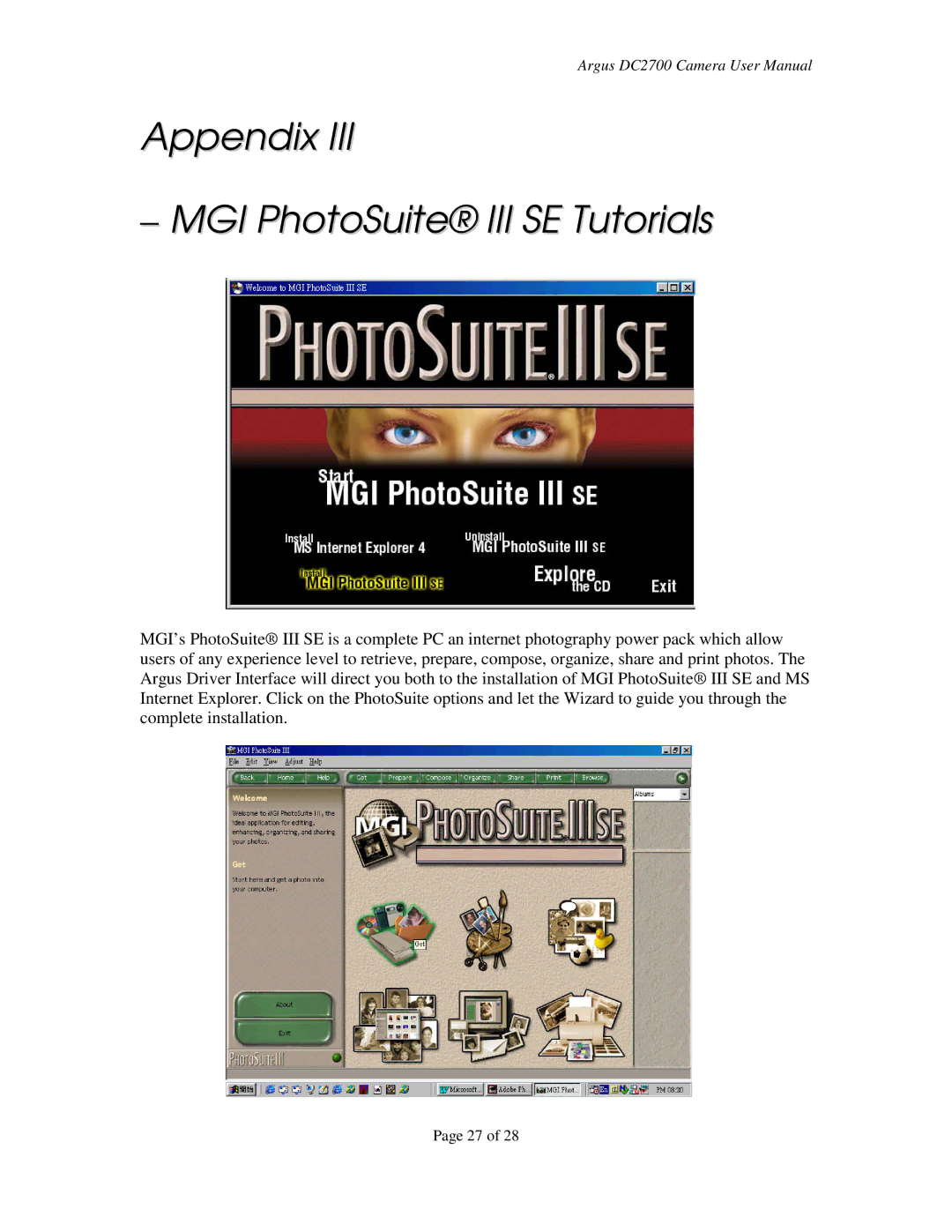 Argus Camera DC2700 manual Appendix ± MGI PhotoSuite III SE Tutorials 