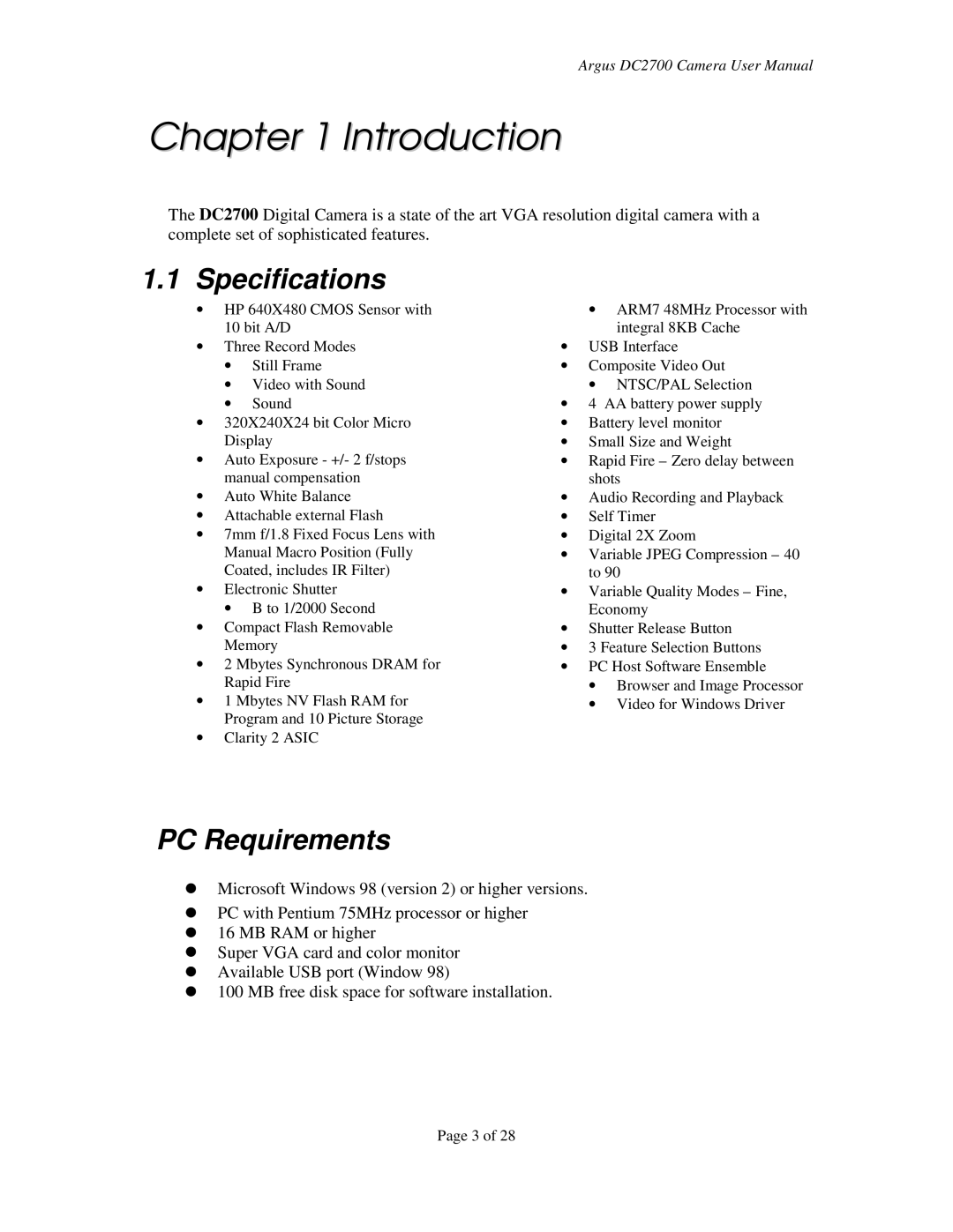 Argus Camera DC2700 manual Introduction, Specifications, PC Requirements 