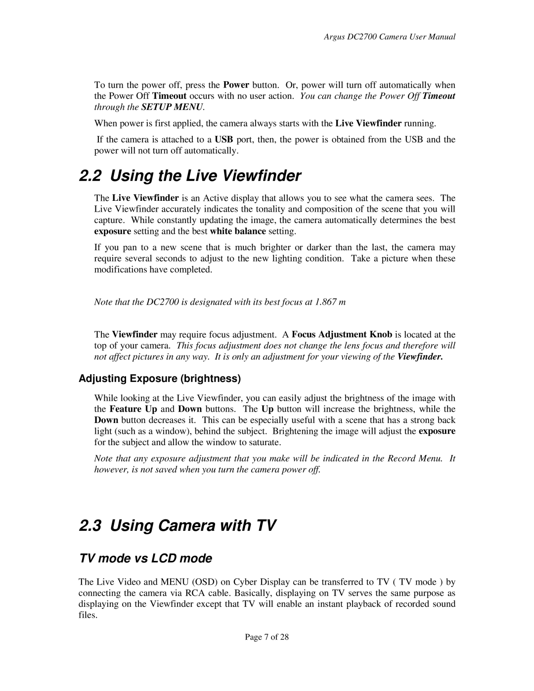 Argus Camera DC2700 Using the Live Viewfinder, Using Camera with TV, TV mode vs LCD mode, Adjusting Exposure brightness 